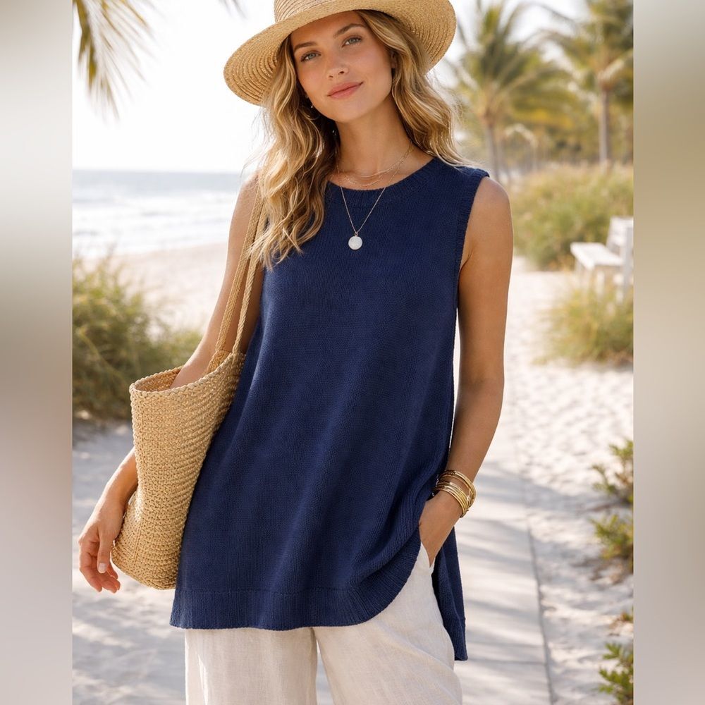 Daily Ritual Sleeveless Knit Sweater Navy Blue Tunic Top XL Lagenlook Career